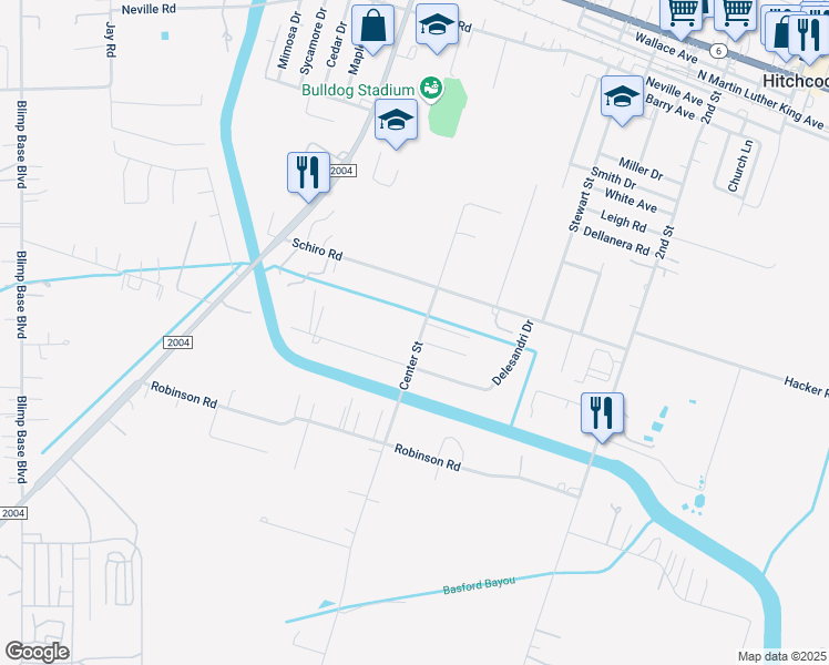 map of restaurants, bars, coffee shops, grocery stores, and more near 7606 Center Street in Hitchcock