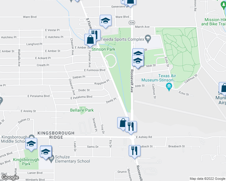 map of restaurants, bars, coffee shops, grocery stores, and more near 8507 South Flores Street in San Antonio