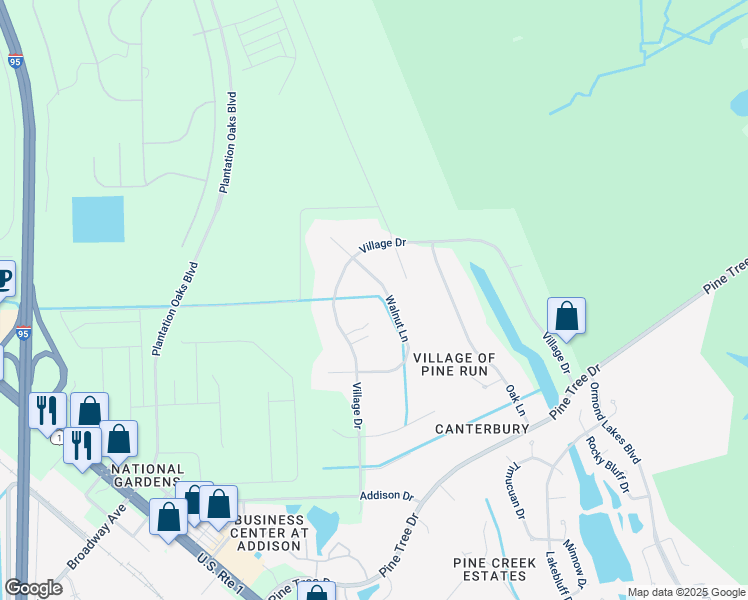 map of restaurants, bars, coffee shops, grocery stores, and more near 22 Walnut Lane in Ormond Beach
