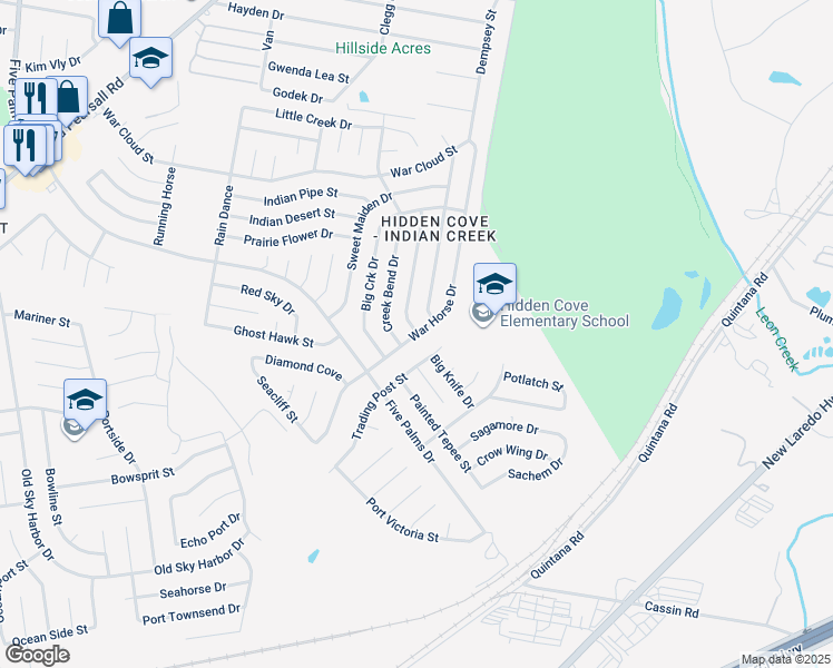 map of restaurants, bars, coffee shops, grocery stores, and more near 5035 War Horse Drive in San Antonio