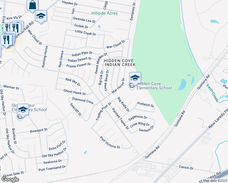 map of restaurants, bars, coffee shops, grocery stores, and more near 4730 War Horse Drive in San Antonio