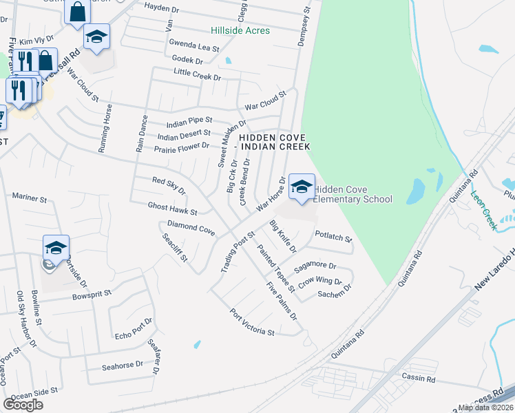 map of restaurants, bars, coffee shops, grocery stores, and more near 8626 Creek Bend Drive in San Antonio