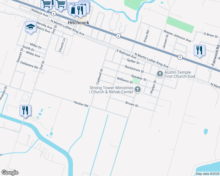 map of restaurants, bars, coffee shops, grocery stores, and more near 7322 Moore Street in Hitchcock
