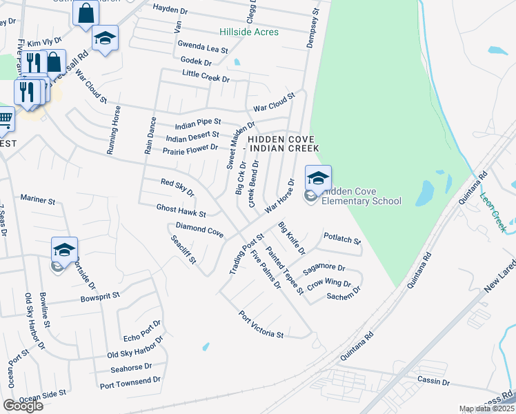 map of restaurants, bars, coffee shops, grocery stores, and more near 8626 Creek Bend Drive in San Antonio