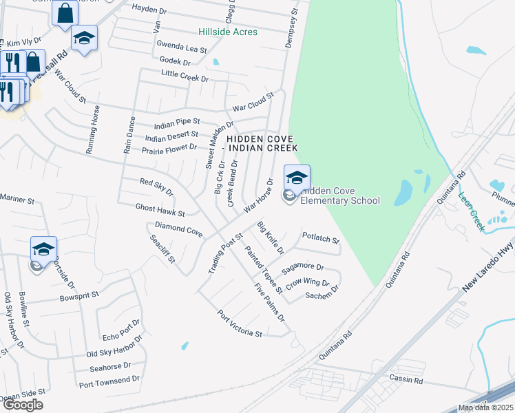 map of restaurants, bars, coffee shops, grocery stores, and more near 5118 War Horse Drive in San Antonio