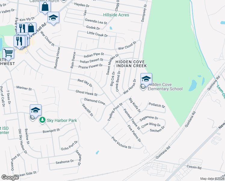 map of restaurants, bars, coffee shops, grocery stores, and more near 8703 Big Creek Drive in San Antonio