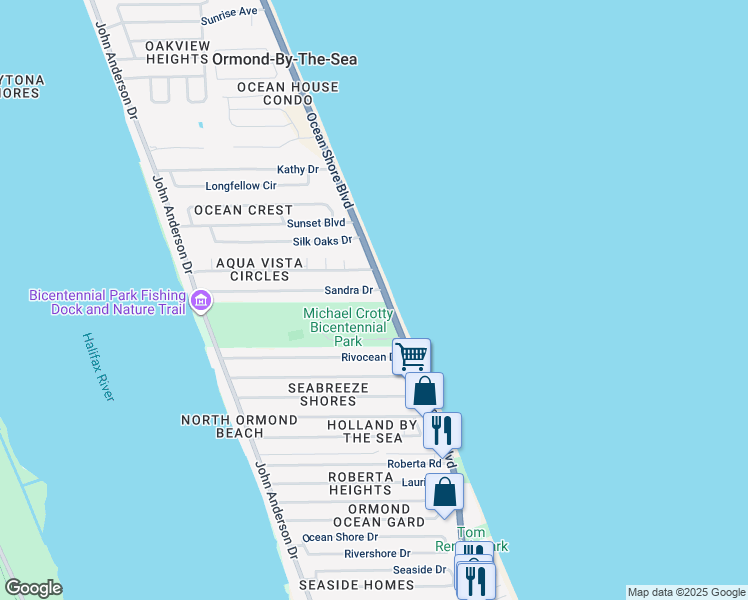map of restaurants, bars, coffee shops, grocery stores, and more near 1896 Ocean Shore Boulevard in Ormond Beach