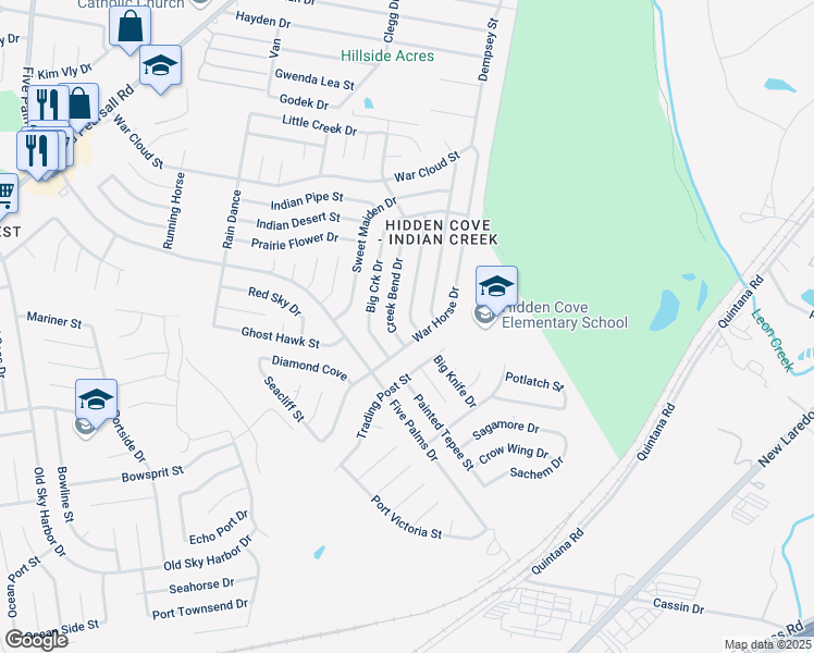map of restaurants, bars, coffee shops, grocery stores, and more near 8626 Creek Bend Drive in San Antonio