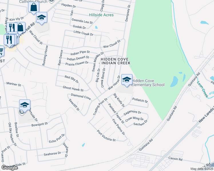 map of restaurants, bars, coffee shops, grocery stores, and more near 8626 Creek Bend Drive in San Antonio