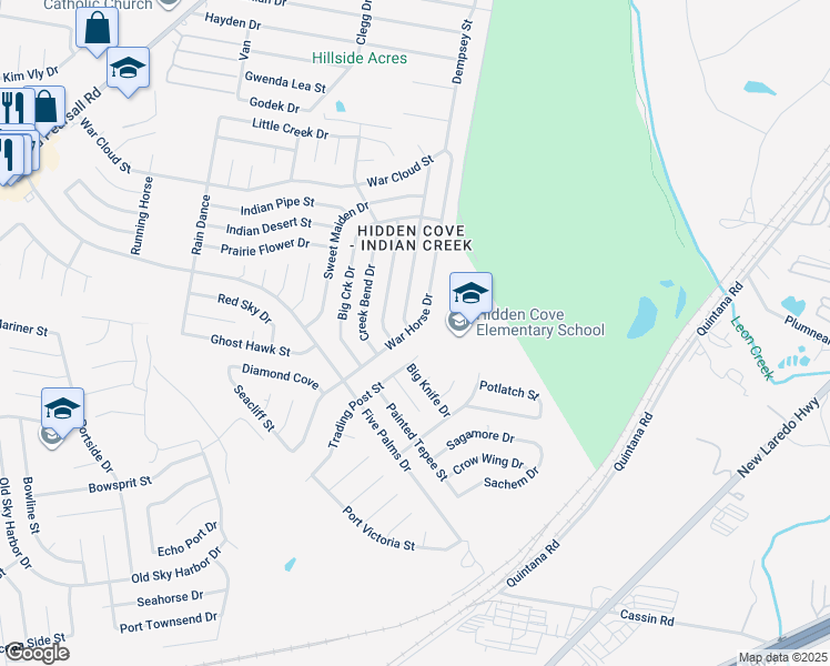 map of restaurants, bars, coffee shops, grocery stores, and more near 5110 War Horse Drive in San Antonio