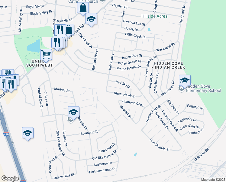 map of restaurants, bars, coffee shops, grocery stores, and more near 5503 Ghost Hawk Drive in San Antonio