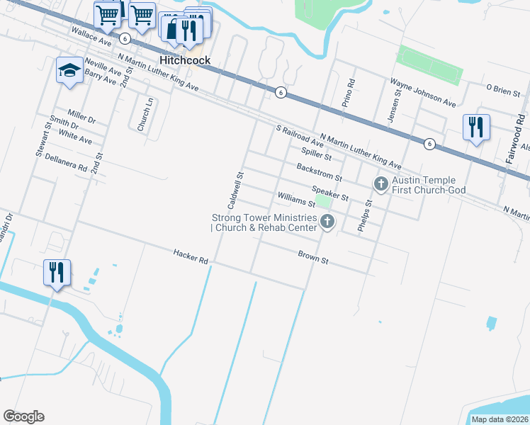 map of restaurants, bars, coffee shops, grocery stores, and more near 7322 Moore Street in Hitchcock