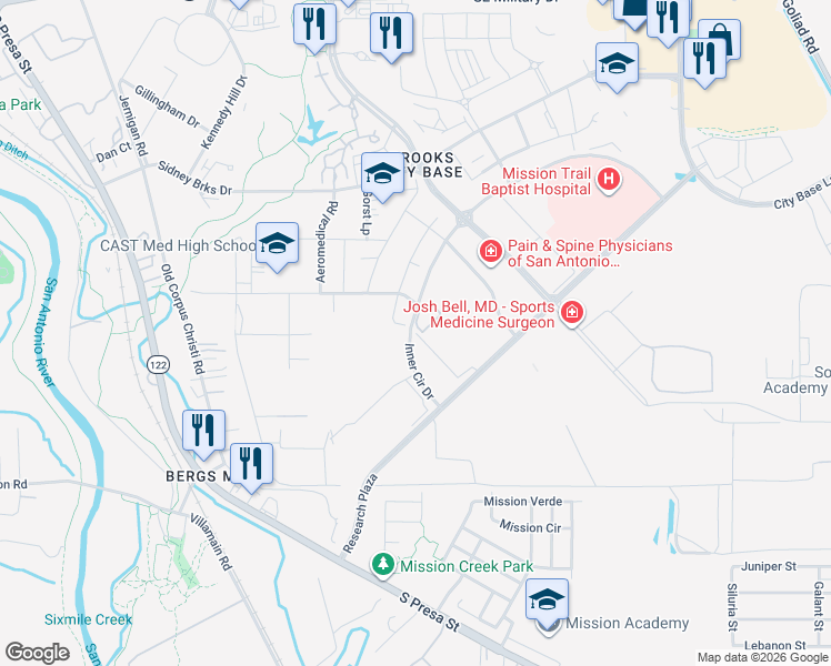 map of restaurants, bars, coffee shops, grocery stores, and more near 8239 Lindbergh Landing in San Antonio