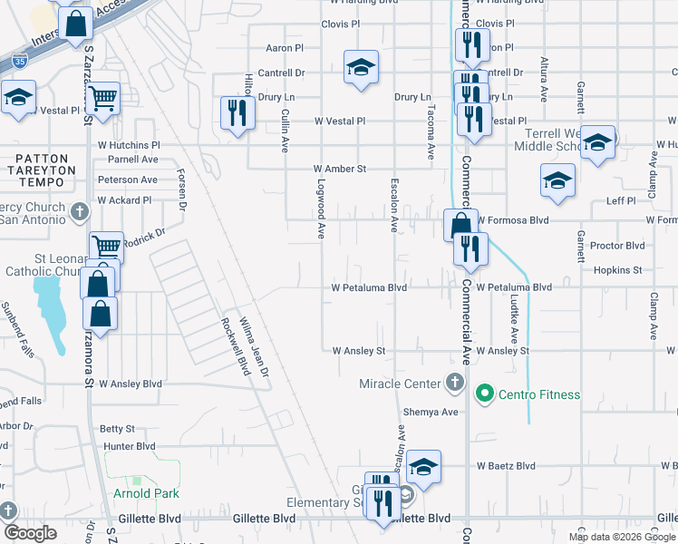 map of restaurants, bars, coffee shops, grocery stores, and more near 1534 Logwood Avenue in San Antonio