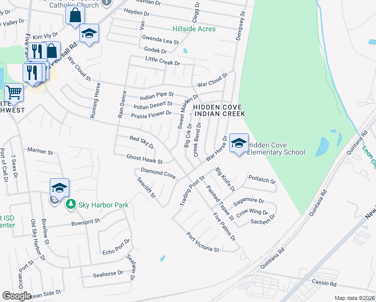map of restaurants, bars, coffee shops, grocery stores, and more near 8703 Big Creek Drive in San Antonio