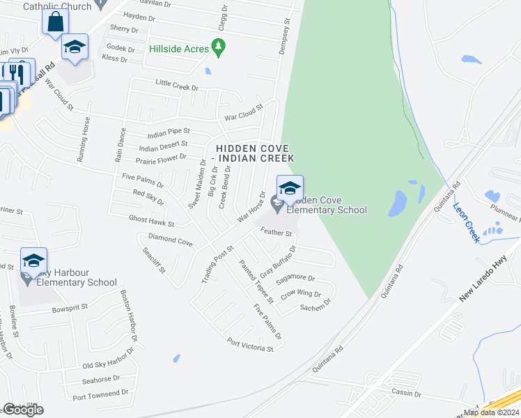 map of restaurants, bars, coffee shops, grocery stores, and more near 5102 War Horse Drive in San Antonio