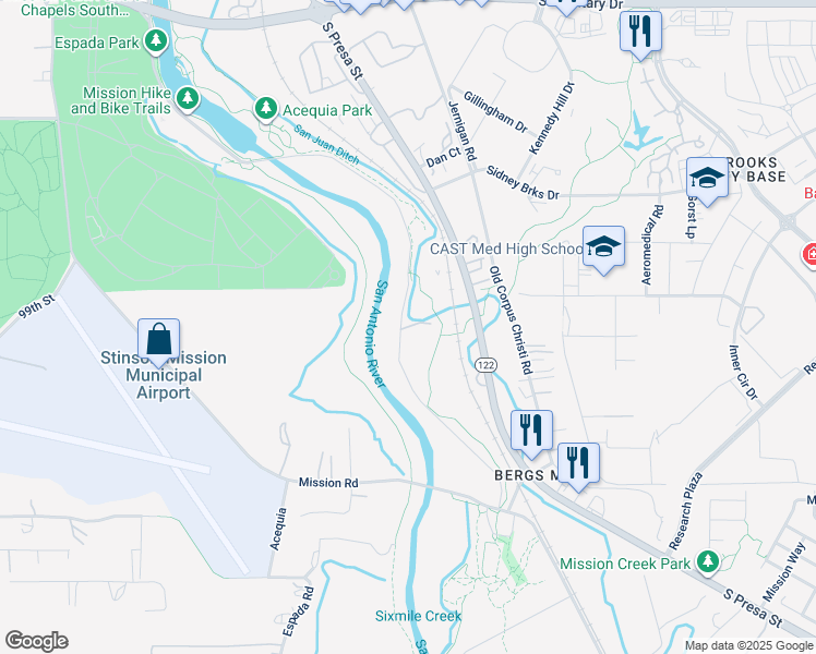 map of restaurants, bars, coffee shops, grocery stores, and more near 8510 Mission Parkway in San Antonio