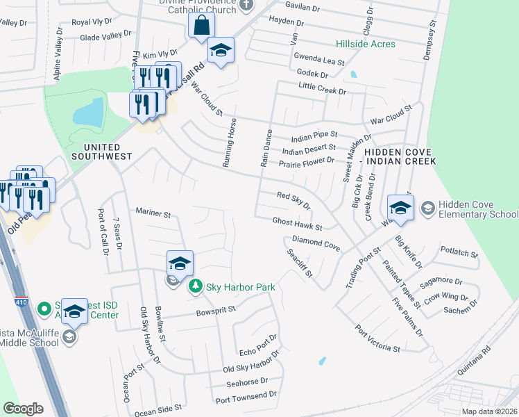 map of restaurants, bars, coffee shops, grocery stores, and more near 5534 Ghost Hawk Drive in San Antonio