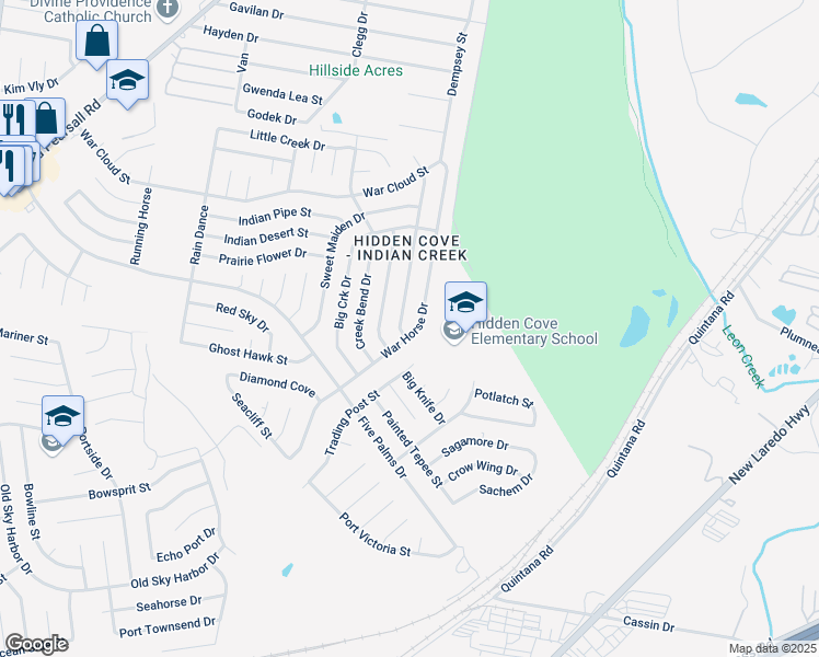 map of restaurants, bars, coffee shops, grocery stores, and more near 5103 War Horse Drive in San Antonio