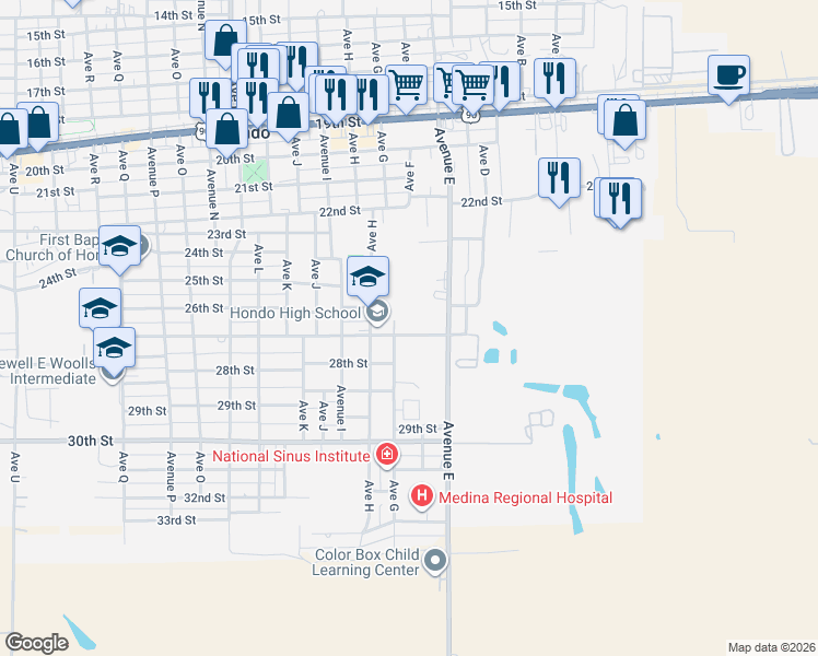 map of restaurants, bars, coffee shops, grocery stores, and more near 604 27th Street in Hondo