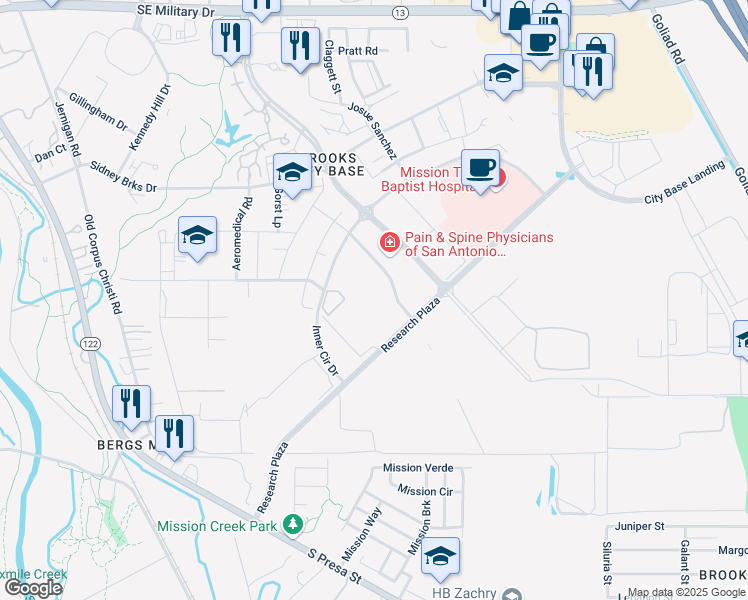 map of restaurants, bars, coffee shops, grocery stores, and more near 8039 Challenger Drive in San Antonio