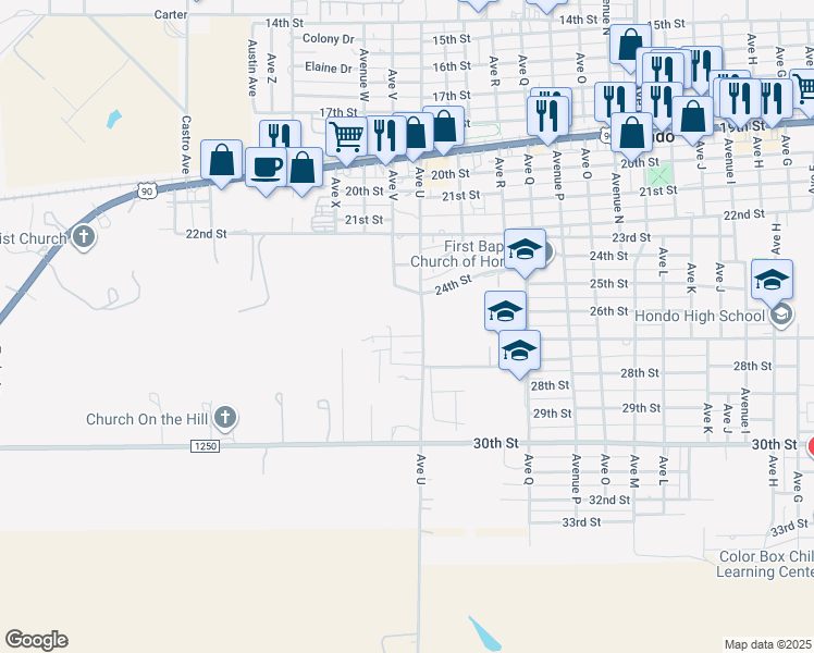 map of restaurants, bars, coffee shops, grocery stores, and more near 2606 Avenue U in Hondo