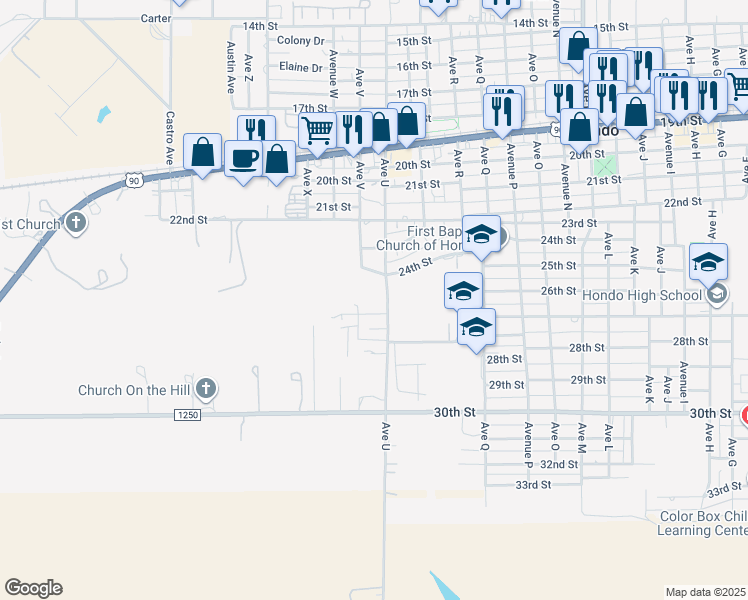 map of restaurants, bars, coffee shops, grocery stores, and more near 2606 Avenue U in Hondo