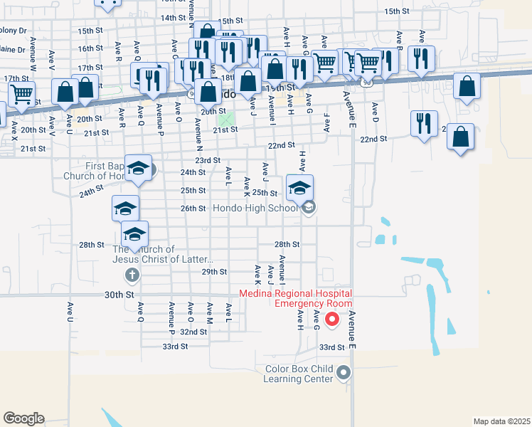 map of restaurants, bars, coffee shops, grocery stores, and more near 2510 Avenue I in Hondo
