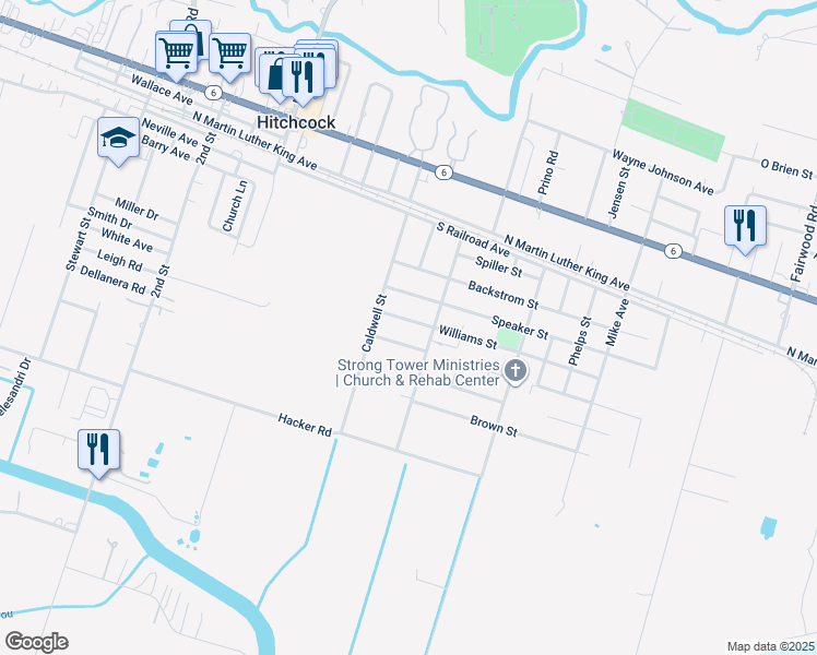 map of restaurants, bars, coffee shops, grocery stores, and more near 7319 Williams Street in Hitchcock