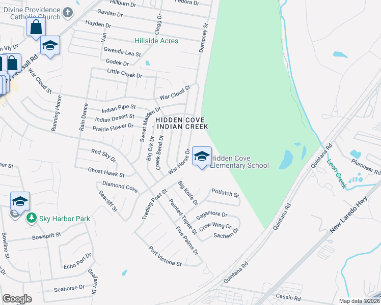 map of restaurants, bars, coffee shops, grocery stores, and more near 5014 War Horse Drive in San Antonio