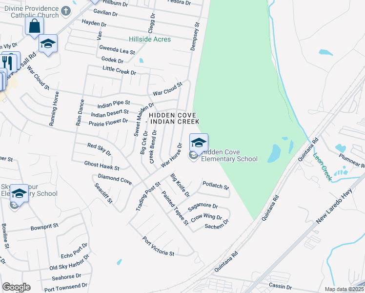 map of restaurants, bars, coffee shops, grocery stores, and more near 5022 War Horse Drive in San Antonio