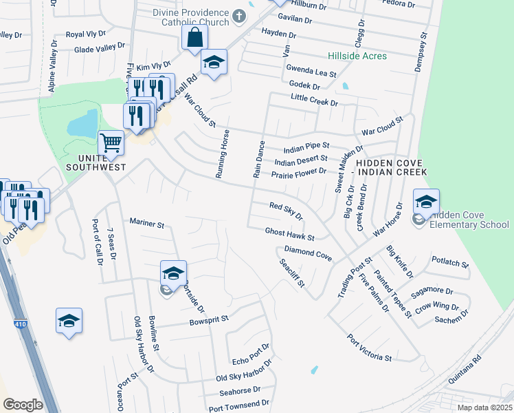 map of restaurants, bars, coffee shops, grocery stores, and more near 8519 Rain Dance in San Antonio