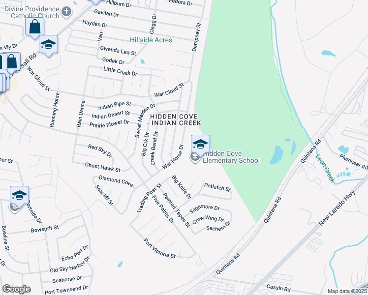 map of restaurants, bars, coffee shops, grocery stores, and more near 5014 War Horse Drive in San Antonio