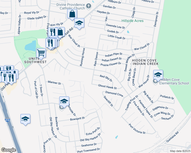 map of restaurants, bars, coffee shops, grocery stores, and more near 8519 Rain Dance in San Antonio