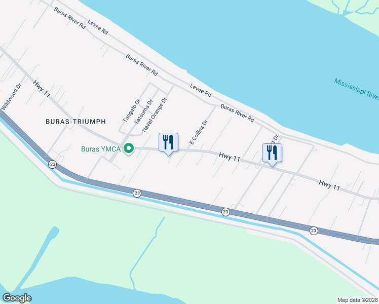 map of restaurants, bars, coffee shops, grocery stores, and more near 111 East Collins Drive in Buras