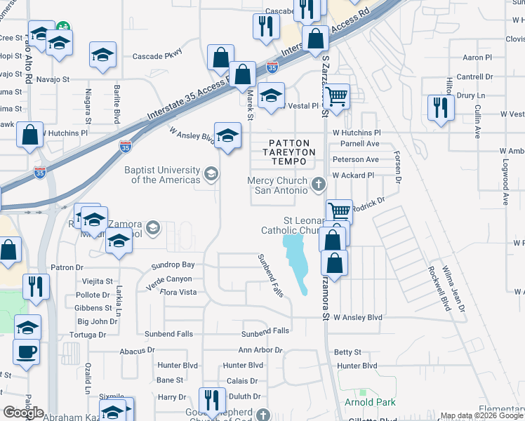 map of restaurants, bars, coffee shops, grocery stores, and more near 1810 Barrett Palms in San Antonio