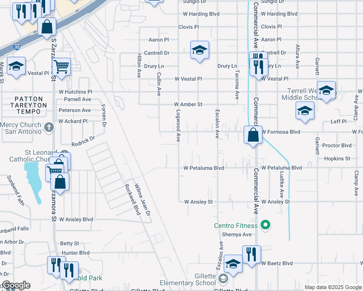 map of restaurants, bars, coffee shops, grocery stores, and more near 1422 Logwood Avenue in San Antonio