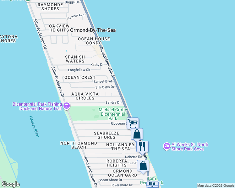 map of restaurants, bars, coffee shops, grocery stores, and more near 1920 Ocean Shore Boulevard in Ormond Beach