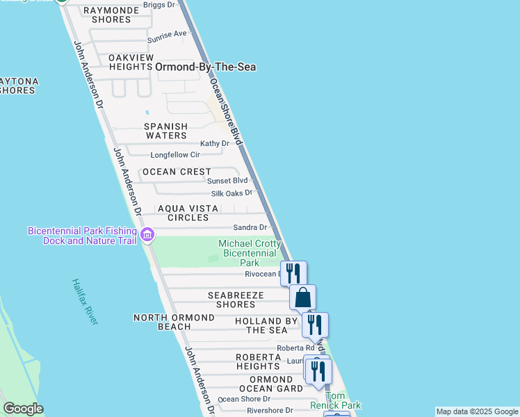 map of restaurants, bars, coffee shops, grocery stores, and more near 1920 Ocean Shore Boulevard in Ormond Beach