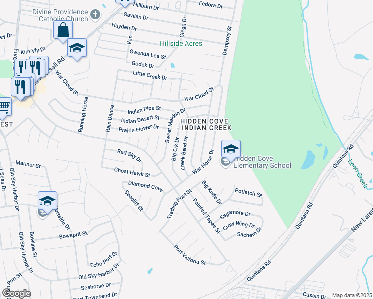 map of restaurants, bars, coffee shops, grocery stores, and more near 8522 Creek Bend Drive in San Antonio
