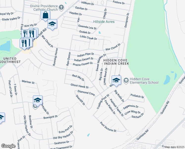 map of restaurants, bars, coffee shops, grocery stores, and more near 8635 Elk Runner Street in San Antonio