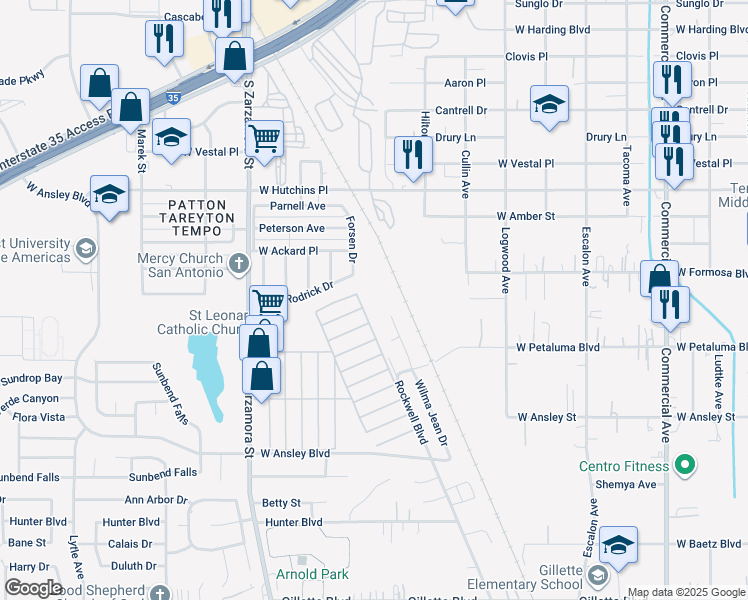 map of restaurants, bars, coffee shops, grocery stores, and more near 8403 Wilma Jean Drive in San Antonio