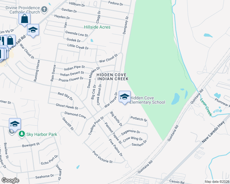 map of restaurants, bars, coffee shops, grocery stores, and more near 4903 War Horse Drive in San Antonio