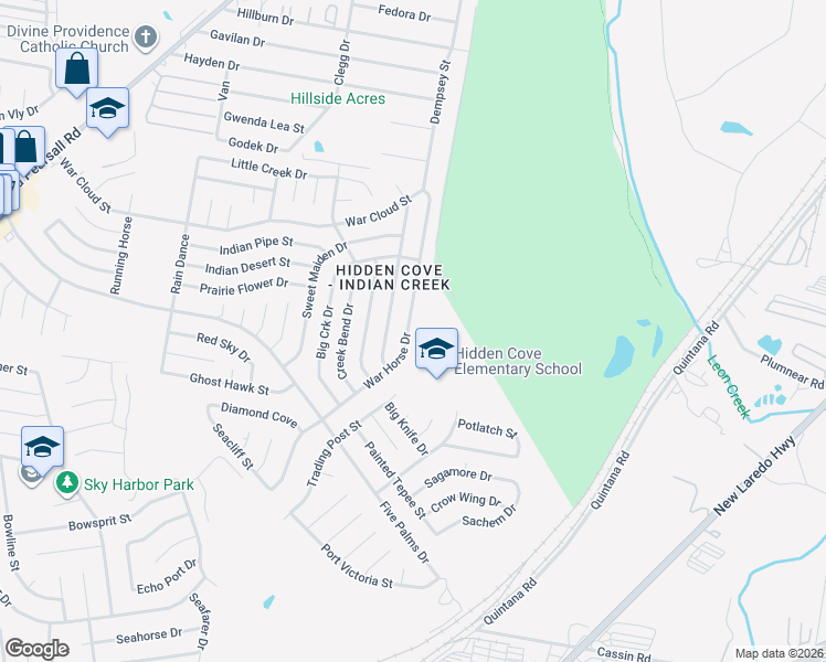 map of restaurants, bars, coffee shops, grocery stores, and more near 5014 War Horse Drive in San Antonio