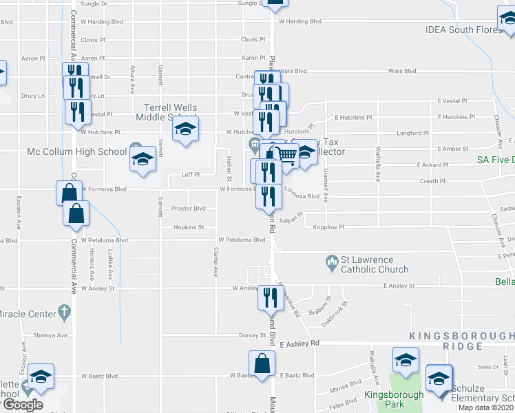 map of restaurants, bars, coffee shops, grocery stores, and more near 3735 Pleasanton Road in San Antonio