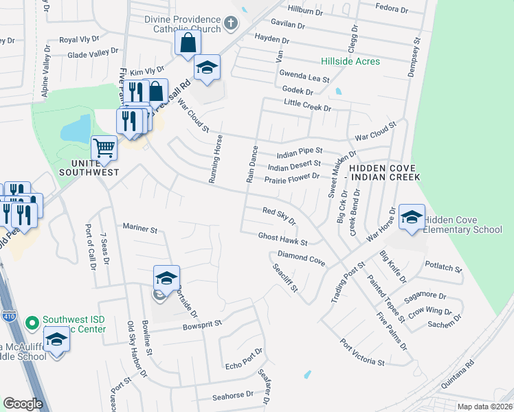 map of restaurants, bars, coffee shops, grocery stores, and more near 5527 Red Sky Drive in San Antonio