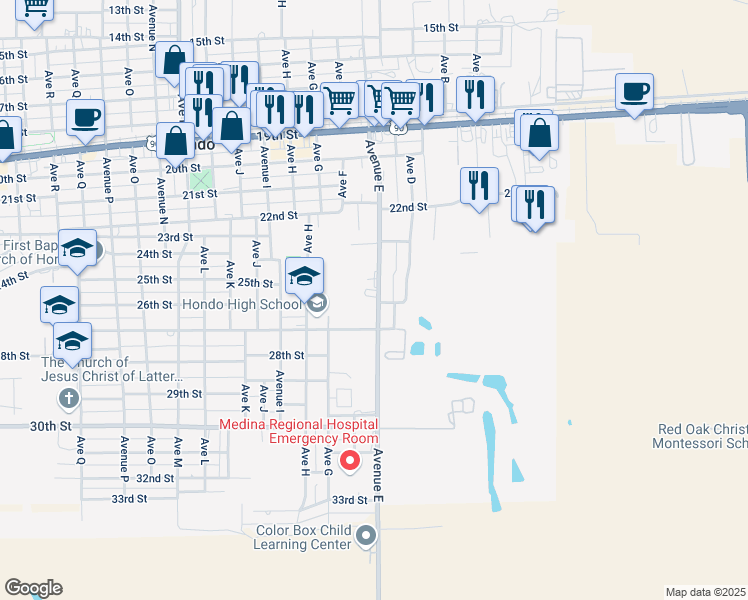 map of restaurants, bars, coffee shops, grocery stores, and more near 2604 Avenue East in Hondo