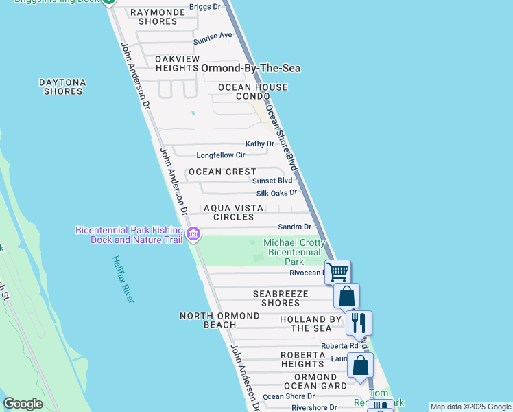 map of restaurants, bars, coffee shops, grocery stores, and more near 3 Ligustrum Circle in Ormond Beach