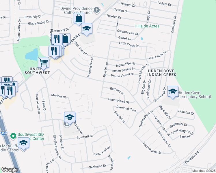 map of restaurants, bars, coffee shops, grocery stores, and more near 5527 Red Sky Drive in San Antonio