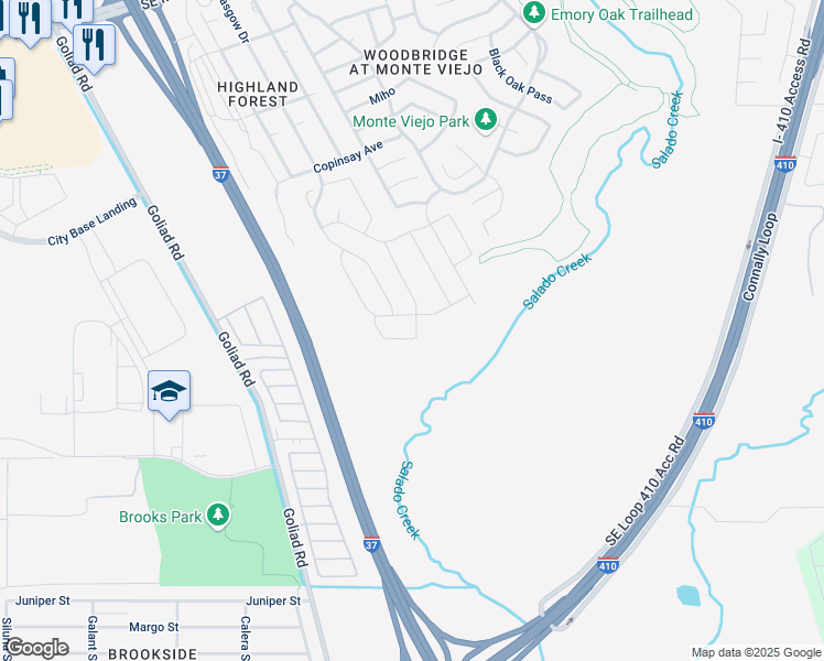 map of restaurants, bars, coffee shops, grocery stores, and more near 3627 Booker Trail in San Antonio